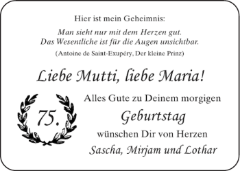 Glückwunschanzeige von Mutti Maria von Aachener Zeitung / Aachener Nachrichten