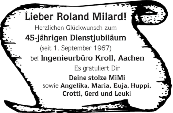 Glückwunschanzeige von Roland Milard von Aachener Zeitung / Aachener Nachrichten