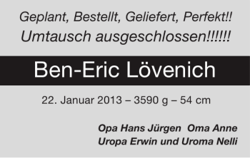 Glückwunschanzeige von Ben-Eric Lövenich von Super Sonntag / Super Mittwoch