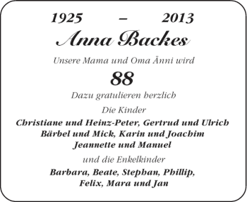 Glückwunschanzeige von Anna Backes von Aachener Zeitung / Aachener Nachrichten
