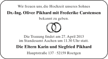 Glückwunschanzeige von Dr.-Ing. Oliver Pikhard - Frederike Carstensen  von Aachener Zeitung / Aachener Nachrichten