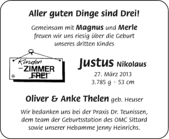 Glückwunschanzeige von Justus  von Aachener Zeitung / Aachener Nachrichten