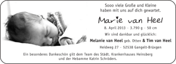 Glückwunschanzeige von Marie van Heel von Aachener Zeitung / Aachener Nachrichten