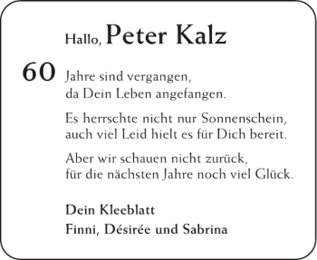 Glückwunschanzeige von Peter Kalz von Aachener Zeitung / Aachener Nachrichten