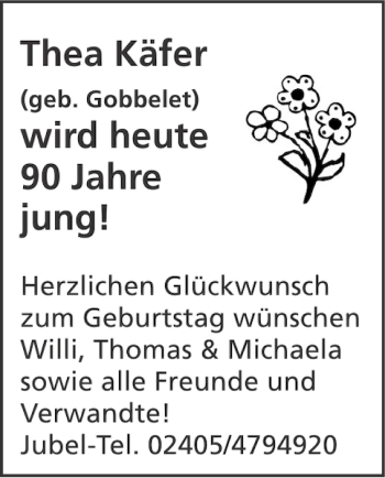 Glückwunschanzeige von Thea Käfer heute jung von Aachener Zeitung / Aachener Nachrichten