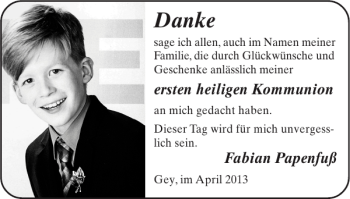 Glückwunschanzeige von ersten heiligen Kommunion Fabian Papenfuß von Super Sonntag / Super Mittwoch