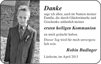Glückwunschanzeige von ersten heiligen Kommunion Robin Budinger von Super Sonntag / Super Mittwoch