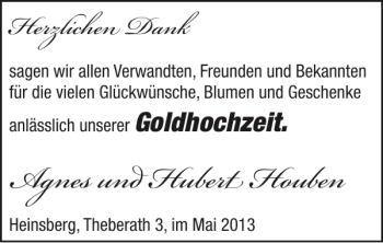 Glückwunschanzeige von Agnes und Hubert Houben von Super Sonntag / Super Mittwoch
