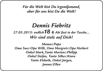 Glückwunschanzeige von Dennis Fiebritz von Super Sonntag / Super Mittwoch