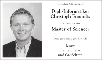 Glückwunschanzeige von Dipl.-Informatiker Christoph Emundts Master of Science  von Super Sonntag / Super Mittwoch