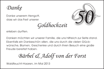 Glückwunschanzeige von Goldhochzeit Bärbel Adolf von der Forst  von Super Sonntag / Super Mittwoch