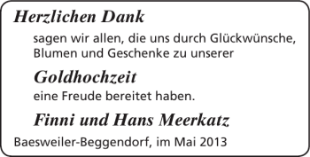 Glückwunschanzeige von Goldhochzeit Finni und Hans Meerkatz von Super Sonntag / Super Mittwoch