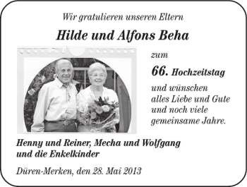 Glückwunschanzeige von Hilde und Alfons Beha von Super Sonntag / Super Mittwoch
