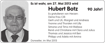 Glückwunschanzeige von Hubert Botz von Super Sonntag / Super Mittwoch