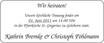 Glückwunschanzeige von Kathrin Bremke Christoph Pöhlmann von Super Sonntag / Super Mittwoch