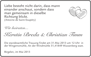 Glückwunschanzeige von Kerstin Breda Christian Timm von Super Sonntag / Super Mittwoch