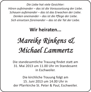 Glückwunschanzeige von Mareike Rinkens Michael Lammertz von Super Sonntag / Super Mittwoch