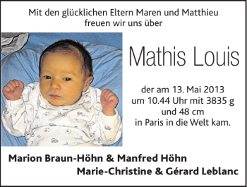 Glückwunschanzeige von Mathis Louis von Super Sonntag / Super Mittwoch