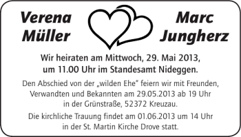 Glückwunschanzeige von Verena Müller Marc Jungherz von Super Sonntag / Super Mittwoch