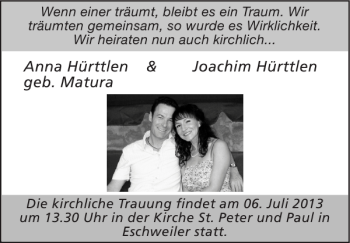 Glückwunschanzeige von Anna Hürttlen geb. Matura Joachim Hürttlen  von Super Sonntag / Super Mittwoch