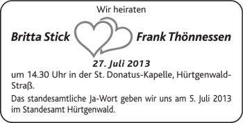 Glückwunschanzeige von Britta Stick Frank Thönnessen von Super Sonntag / Super Mittwoch