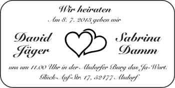 Glückwunschanzeige von David Jäger Sabrina Damm von Super Sonntag / Super Mittwoch