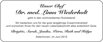 Glückwunschanzeige von Dr. med. Linus Wiederholt von Super Sonntag / Super Mittwoch