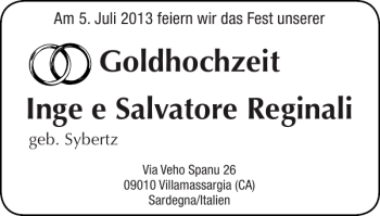 Glückwunschanzeige von Goldhochzeit Inge e Salvatore Reginali von Super Sonntag / Super Mittwoch