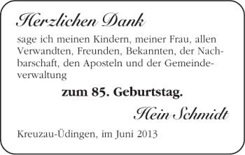 Glückwunschanzeige von Hein Schmidt von Super Sonntag / Super Mittwoch