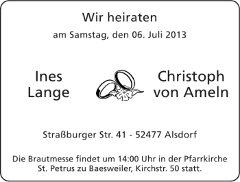 Glückwunschanzeige von Ines Lange Christoph von Ameln von Super Sonntag / Super Mittwoch