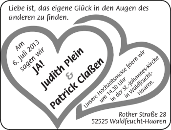 Glückwunschanzeige von JA Judith Plein Pa trick Claßen  von Super Sonntag / Super Mittwoch