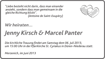 Glückwunschanzeige von Jenny Kirsch Marcel Panter von Super Sonntag / Super Mittwoch