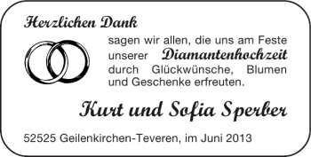 Glückwunschanzeige von Kurt und Sofia Sperber von Super Sonntag / Super Mittwoch