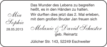Glückwunschanzeige von Mia Sophie Melanie David Schuster von Super Sonntag / Super Mittwoch