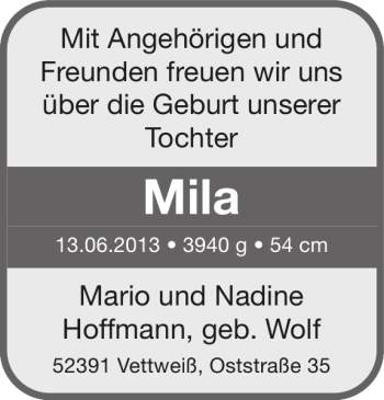 Glückwunschanzeige von Mila  von Super Sonntag / Super Mittwoch