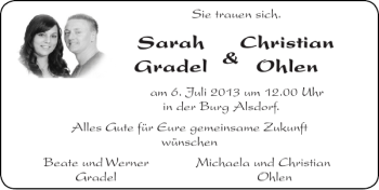 Glückwunschanzeige von Sarah Christian Gradel Ohlen von Super Sonntag / Super Mittwoch