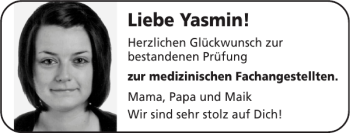 Glückwunschanzeige von Yasmin  von Super Sonntag / Super Mittwoch