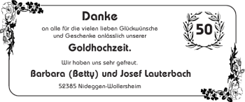 Glückwunschanzeige von Barbara (Betty) und Josef Lauterbach von Super Sonntag / Super Mittwoch