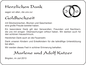 Glückwunschanzeige von Goldhochzeit Marlene und Adolf Kutzer von Super Sonntag / Super Mittwoch