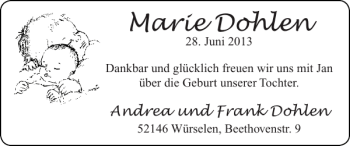 Glückwunschanzeige von Marie Dohlen von Super Sonntag / Super Mittwoch