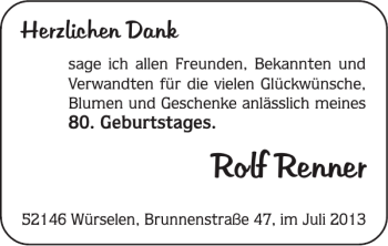 Glückwunschanzeige von Rolf Renner von Super Sonntag / Super Mittwoch