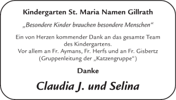Glückwunschanzeige von Claudia J. und Selina von Super Sonntag / Super Mittwoch