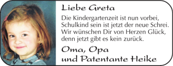 Glückwunschanzeige von Greta Oma Opa und Patentante Heike  von Super Sonntag / Super Mittwoch