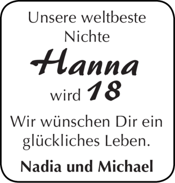 Glückwunschanzeige von Hanna  von Super Sonntag / Super Mittwoch