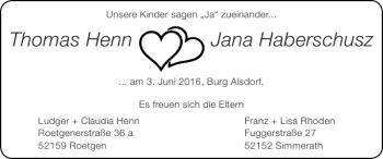 Glückwunschanzeige von Thomas Henn Jana Haberschusz von Super Sonntag / Super Mittwoch