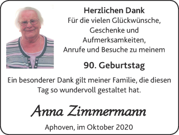 Glückwunschanzeige von Anna Zimmermann von Zeitung am Sonntag