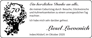 Glückwunschanzeige von Liesel Loevenich von Zeitung am Sonntag