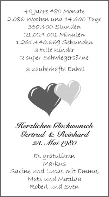 Glückwunschanzeige von Gertrud Reinhard Mai von Aachener Zeitung / Aachener Nachrichten