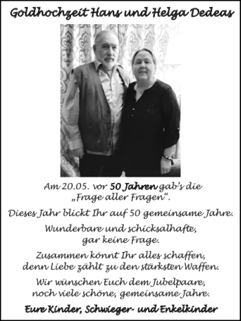Glückwunschanzeige von Goldhochzeit Hans und Helga Dedeas von Super Sonntag / Super Mittwoch