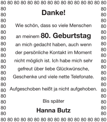 Glückwunschanzeige von Hanna Butz von Super Sonntag / Super Mittwoch